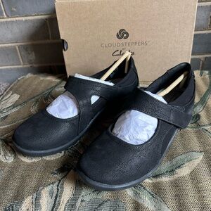 Clarks Black Leather Flats with Velcro Strap